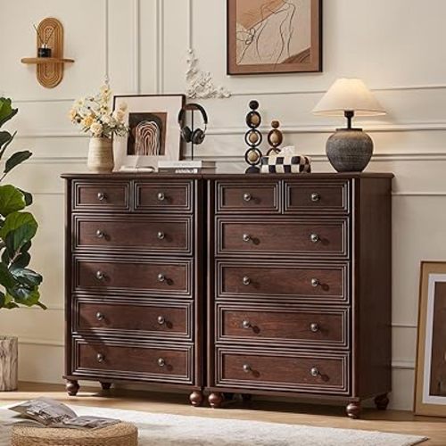 Farmhouse 6 Drawer Dresser Set of 2, Chest of Drawers for Bedroom, 43.5" Tall Walnut Kids Dresser with Roman Column and Metal Handles, Storage Dressers Organizer for Living Room, Hallway, Closet