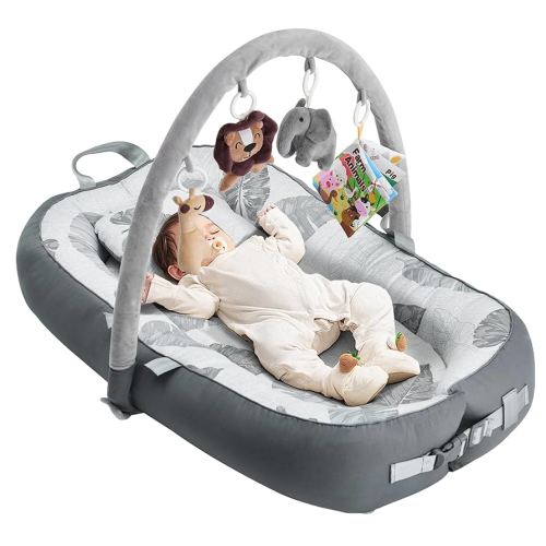 Portable Baby Lounger with 4 Toys,Infant Lounger with Fitness Rack,Co Sleeping Breathable & Soft 100% Cotton Newborn Lounger Machine-Washable (Baby Lounger with Fitness Rack)