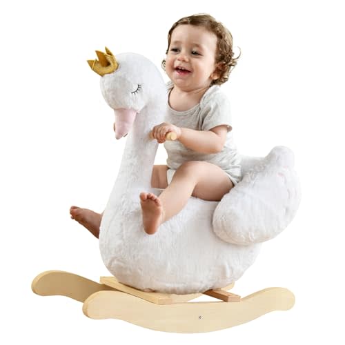 labebe - Plush Rocking Horse Wooden, Baby Riding Animal White Swan, Kid Ride On Toy for 1-3 Year Old, Girl&Boy Stuffed Rocking Animal Outdoor, Nursery/Infant/Child Christmas or Birthday Gift
