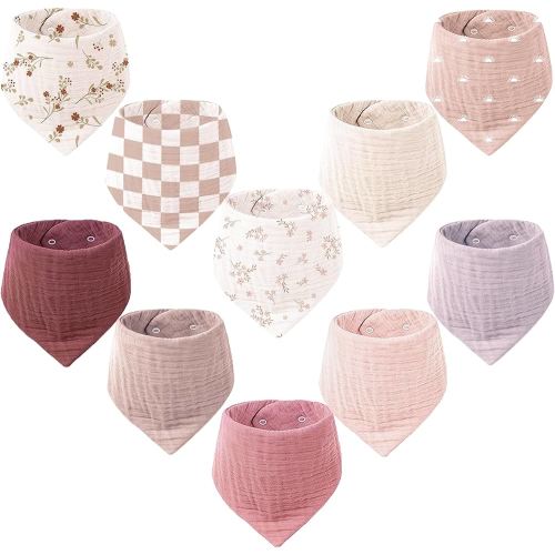Konssy Muslin Baby Bibs 10 Pack Baby Bandana Drool Bibs 100% Cotton for Unisex Boys and Girls, Soft Absorbent Set for Teething and Drooling