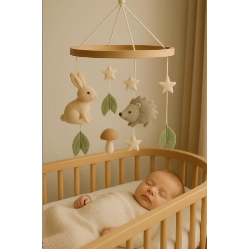 Mobile Neutral Rabbits Crib Cheerful Woodland Girl Boy Rabbits Baby Room Accessory Mobile Nursery Felt Rabbit Sky Baby Mobile Hanging Star