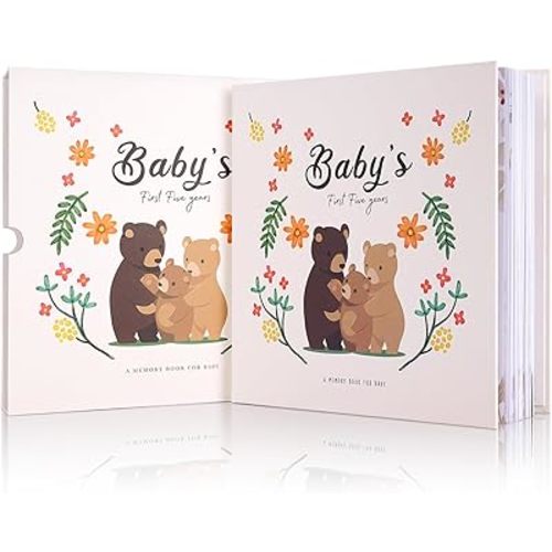 COMBIUBIU Baby Memory Book,118 Pages Hardcover First 5 Years Baby Book Keepsake,Baby Book for Boy or Girl, Baby Photo Albums,Baby Milestone Book,Personalized Baby Gifts (Bear)