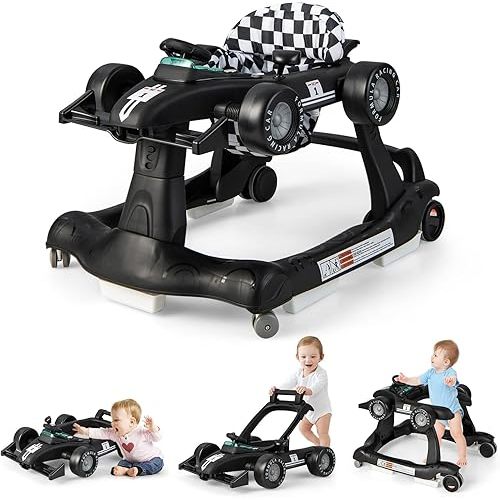 GLACER Foldable Baby Walker, 4-in-1 Infant Walker with Adjustable Height & Speed, Music, Light, Steering Wheel & Washable Cushion, Baby Walker Activity Center for Boys Girls 6 –18 Months (Black)