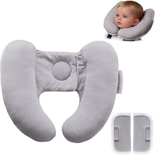 Baby Neck Pillow for Car Seat and Stroller, Adjustable Baby Head Support Pillow for Travel, Soft and Cushiony Torticollis Pillows for Infant and Newborn (Gray)