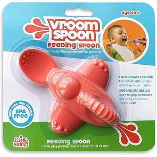 Vroom Spoon - 100% Silicone Soft Training Spoon for Spoon Feeding, Self-Feeding and Baby Led Weaning, Ergonomic Grip with Finger Slot for Easy Fun Feeding (Blue) (1 Spoon, Pink)