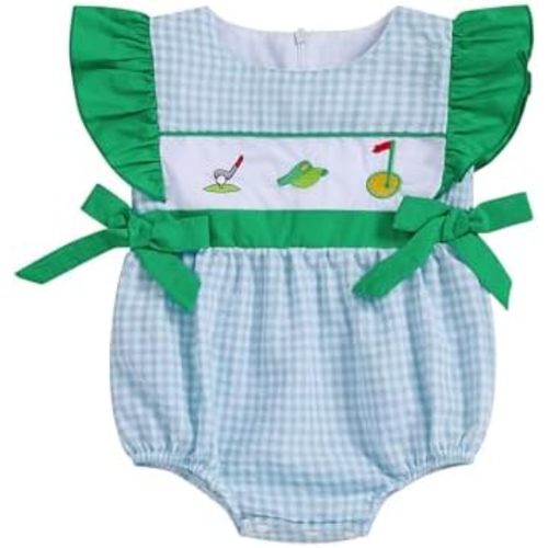 Newborn Baby Girl Golf Outfit Smocked Bubble Romper Sleeveless Ruffle Plaid Bodysuit Infant Summer Clothes