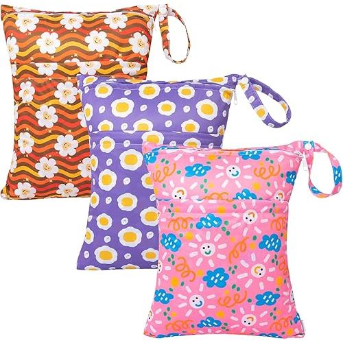 babygoal Wet Dry Bags for Baby Cloth Diapers, Washable Travel Bags, Beach, Pool, Gym Bag for Swimsuits & Wet Clothes with Two Zippered Pockets 3 Pack 3LN07