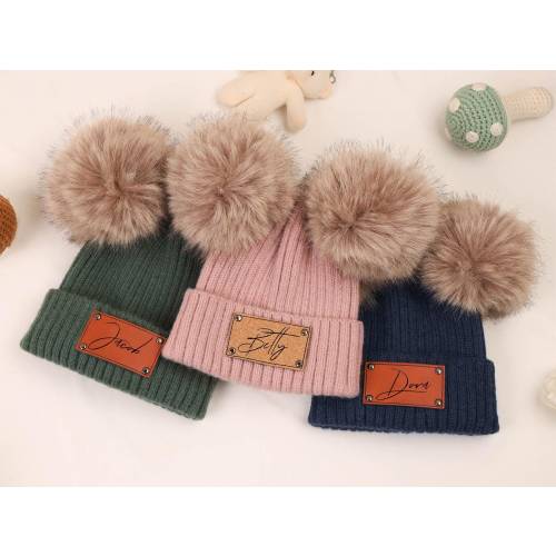 Engraved Leather Patch Pom Beanie,Leather Patch Beanie With Pom For Baby Personalized,Custom Baby Pom Beanie With Name,Adult Beanie Hat