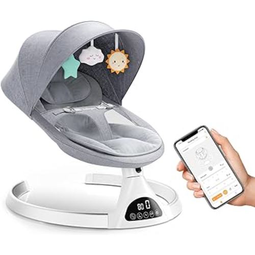 Ixdregan Baby Swings for Infants - Exclusive App & Bluetooth Electric Baby Swing, Smart Sensor&Timing, 5 Speeds, 12 Preset Lullabies and Back-Up Pillow, Portable Baby Swing for Indoor/Outdoor(Grey)