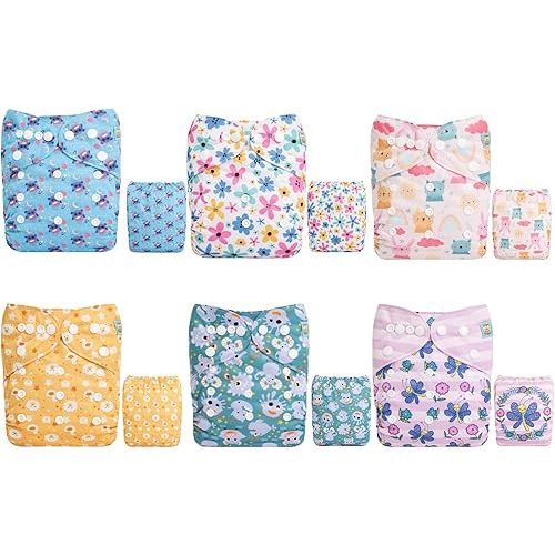 ALVABABY Baby Cloth Diapers 6 Pack with 12 Inserts One Size Adjustable Washable Reusable for Baby Girls and Boys 6DM79