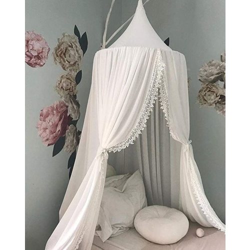Kids Bed Canopy with Pom Pom Hanging Net for Baby Crib Nook Castle Game Tent Nursery Play Room Decor,White