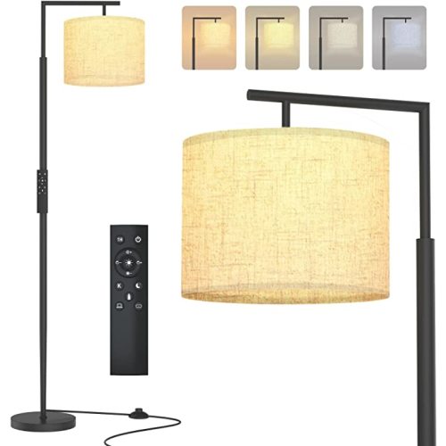 PESRAE LED Floor Lamp with Remote Control, 4 Color Temperature LED Bulb Included, Modern Standing lamp with Linen Lampshade for Bedroom, Living Room, Matte Black - Modern Black-dimmable Remote Control