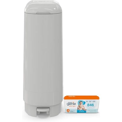 Diaper Genie Signature Pail Includes 1 Easy Roll Refill with 18 Bags | Holds Up to 846 Newborn-Sized Diapers Per Refill, Grey 1.0 Count