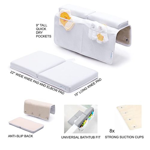 Bath Kneeler and Elbow Rest Pad, Extra Thick Baby Bath Kneeling Pad and Elbow Pad for Bathtub. Bath Tub Elbow Pad with Infant Toy and Baby Accessories Organizer, Off White Color - Large