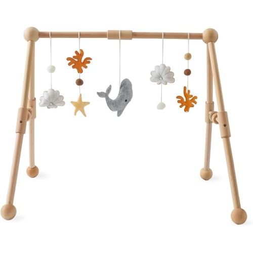 Baby Play Gym Wooden Infant Activity Gym with 5 Detachable Toys, Stage-Based Developmental Activity Gym Baby to Toddler, Newborn Baby Boys and Girls