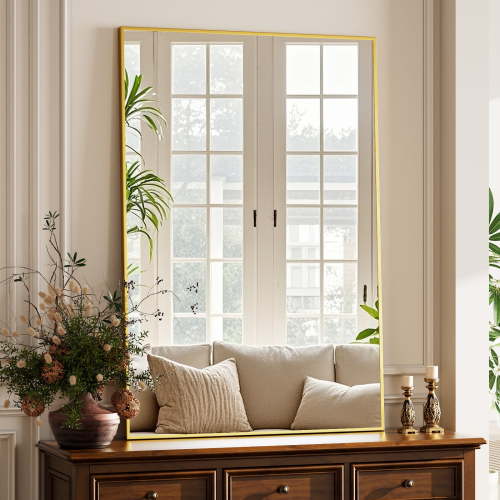 BEAUTYPEAK 38"x26" Bathroom Wall Mirror with Rectangular Metal Frame, Gold