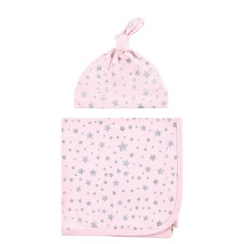 Hudson Baby Infant Girl Swaddle Blanket and Cap or Headband, Silver Pink Star, One Size