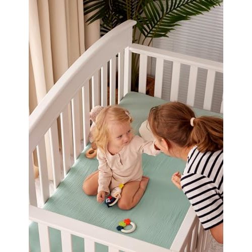 Momcozy Muslin Standard Fitted Crib Sheets, 52"x28", 2 Pack Soft Breathable Natural Cotton Baby Mattress Sheet, 360° Mattress Wrapping No Slip Boys Girls Neutral Toddler Bed Sheet, Light Green Grey