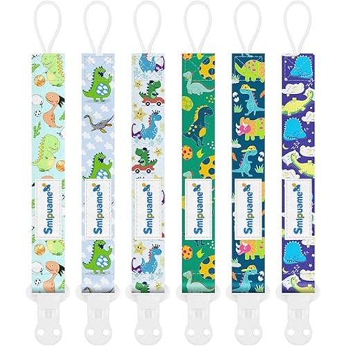 Smlpuame Baby Pacifier Clip for Boys Girl,6 Pack Stylish Binky Clips Strap,Paci Holder with Clips Universal Lightweight Fits Most Pacifiers Teeher Toy Teething Ring Soothie,Baby Gifts(Dinosaur-2)