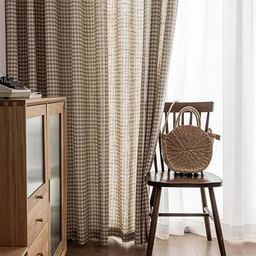 Retro Rustic Cotton and Linen Light Filtering Plaid Curtains for Living Room Dining Room,Rop Pocket Semi-Shading Window Curtains Set 2 Panels (Brown,W50*L96)