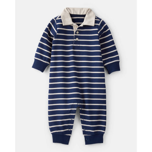 Baby Boy Cotton Long-Sleeve Polo Jumpsuit - Navy/White - Carter's | Carter's