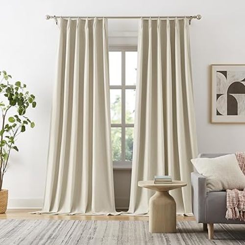 DUALIFE 102 Inch Curtains Cabin & Drapes 2 Panels Pinch Pleated Custom Blackout Curtains with Hooks for Track, Linen Blended Pinch Pleats Sliding Door Curtains for Patio Sunroom 40x102 Natural Birch