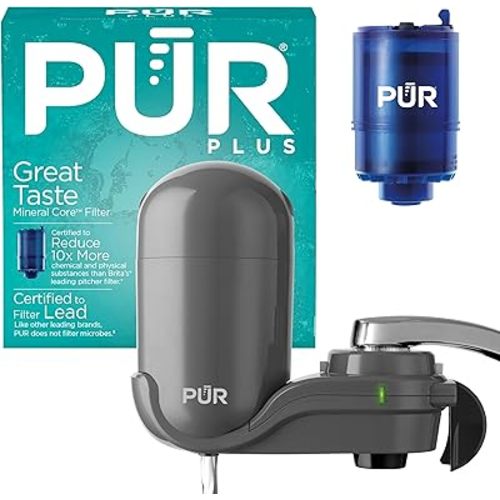 PUR PLUS Vertical Faucet Mount Water Filtration System, Lead-Reducing Filter, Great-Tasting Water, Easy Install, Lasts 100 Gallons, Compatible with Sinks with External Aerators, Grey
