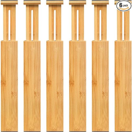 VaeFae Adjustable Bamboo Drawer Dividers, Expandable Drawer Organizer for Kitchen, Bedroom, Bathroom, Dresser and Office, 6-Pack