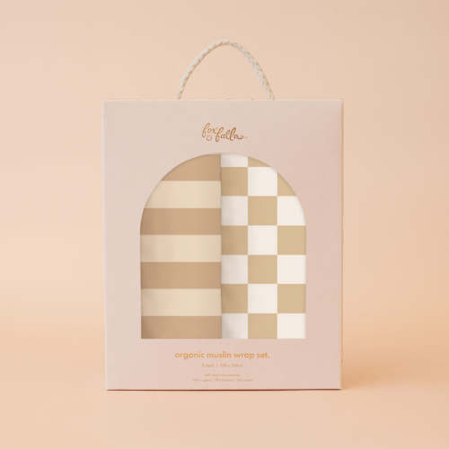 Coffee Stripe / Caramel Check Organic Muslin Wrap Set