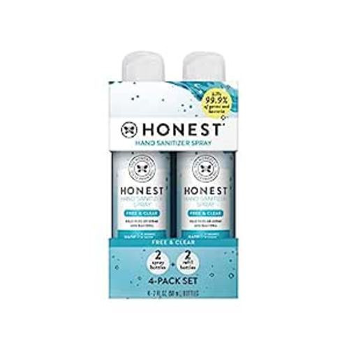 The Honest Company Plant-Based Hand Sanitizer Spray | Kills 99.9% of Germs | Hypoallergenic, Quick-drying + Moisturizing | Fragrance Free, 2 fl oz (pack of 4) - Free + Clear - 8 Fl Oz (Pack of 1)