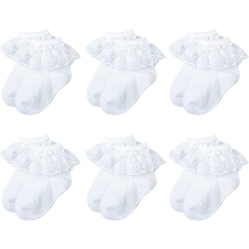 6 Pairs Baby Girls Socks Newborn Ruffle Lace Socks Princess Frilly Knit Cotton Socks