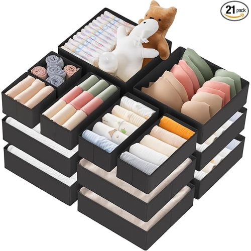 Criusia Drawer Organizer Clothes, 21 Pack Dresser Organizer for Baby Clothes, Underwear, Sock - Foldable Closet Organization and Storage Dividers Bins for Nursery, Bedroom (Black)