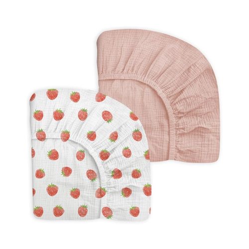 Crib Sheets for Baby Boy Girl 2 Pack, Fitted Crib Mattress Sheet 28" x 52", Muslin Toddler Bedding with Neutral Style, Nursery Bedding Essentials (Strawberry & Pale Pink)