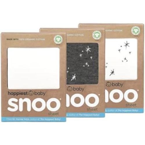 Happiest Baby SNOO Bassinet Fitted Sheet - 100% Organic Cotton Nursery Bedding - Fits SNOO Sleeper Crib Mattress - 3-Pack Bundle (White, Charcoal, Ivory Stars)