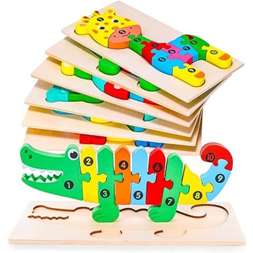 LovesTown Animal Wooden Puzzle for Toddlers, Learning Jigsaw Alphabet and Number Blocks Educational Toy
