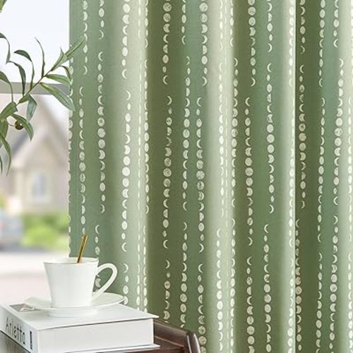 jinchan 100% Blackout Boho Curtains Moon Phases Printed Bedroom Curtains 84 Inches Long Sage Green Drapes Rod Pocket Back Tab Thermal Insulated Curtains for Nursery Window Drapes Curtain Set 2 Panels