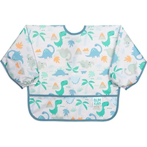Bumkins Sleeved Bib for Girl or Boy, Baby and Toddler for 6-24 Mos, Essential Must Have for Eating, Feeding, Baby Led Weaning Supplies, Long Sleeve Mess Saving Food Catcher, Fabric, Dinosaur Gray