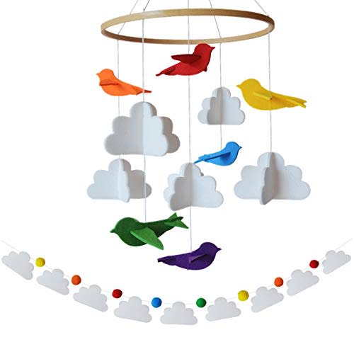 Sorrel + Fern Baby Crib Mobile (Rainbow Birds in The Clouds, w/Garland) - Felt Nursery Ceiling Decoration and Baby Shower for Girls & Boys