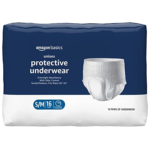 Amazon Basics Unisex Protective Underwear, Overnight Absorbency, Small/Medium, 16 Count, (1 Pack of 16)