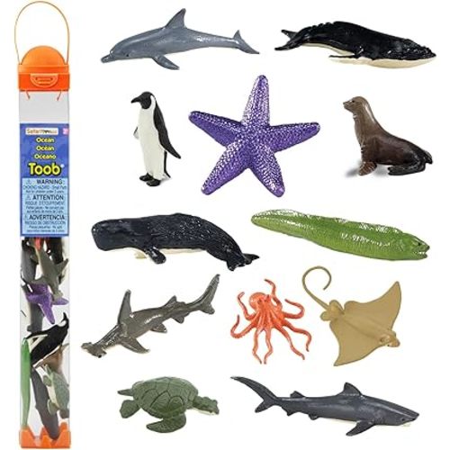 Safari Ltd. Ocean TOOB - 12 Mini Figurines: Sea Lion, Eagle Ray, Starfish, Turtle, Penguin, Octopus, Whales, Moray Eel, Sharks, and Dolphin - Educational Toy Figures For Boys, Girls & Kids Ages 3+