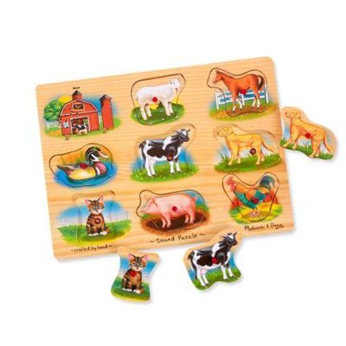 Melissa & Doug Farm Sound Puzzle - Wooden Peg Puzzle with Light-Activated Sound Effects - 8pc