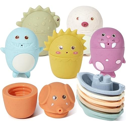 Baby Bath Toys | 11PCS Mold-Free Stacking Boats & Animal Squirters | Sensory Bathtub Toys for Babies 6-12M & Toddlers 1-3Y | Water Table Pool Toys Educational Gift