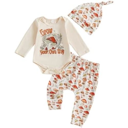 Newborn Girls Boys Clothes Cute Mushroom Print Romper Pants Hat Set Fall Winter Outfits Baby Coming Home Outfit