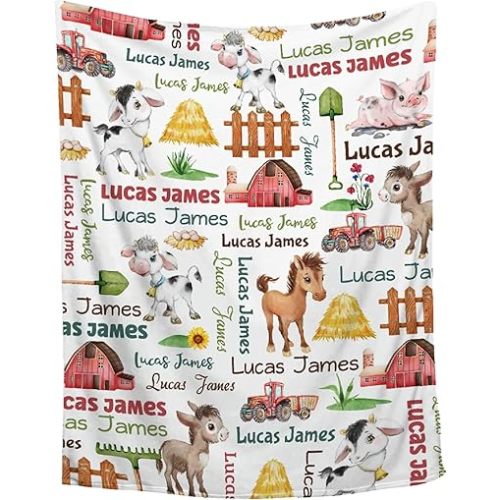 Personalized Farm Animal Custom Baby Blanket with Name for Kids Nursery Toddlers Soft Flannel Throw Blanket for Newborn Infant Custom Gifts for Birthday Baby Shower