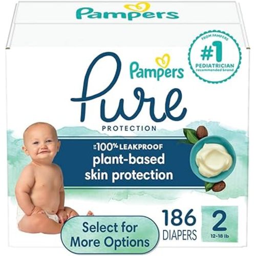 Pampers Baby Diapers - Pure Protection - Size 2, 186 Count, for up to 100% Leakproof, Premium Plant-based Skin Protection