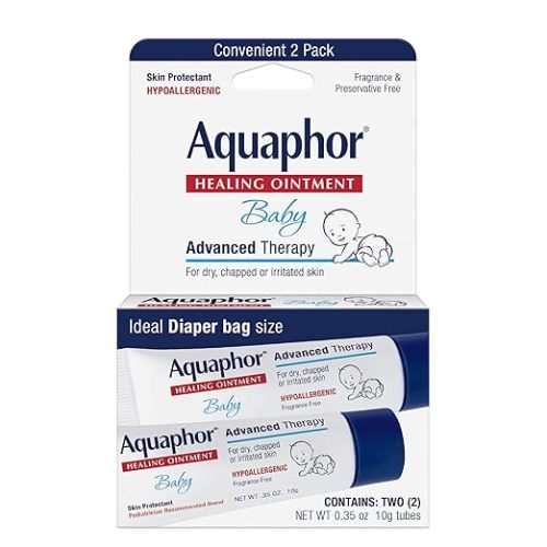 Aquaphor Baby Healing Ointment Advanced Therapy Skin Protectant for Chapped or Dry Skin, Drool Rash and Diaper Rash Ointment, Hypoallergenic Baby Essentials, Travel Size, 0.35 Oz Tube, Pack of 2