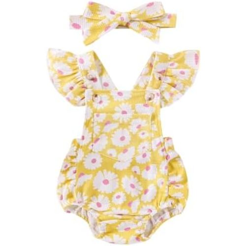 Baby Girl Clothes 3 6 12 18 Months Newborn Daisy Overalls Waffle Romper Ruffle Bodysuit Summer One Piece Outfit