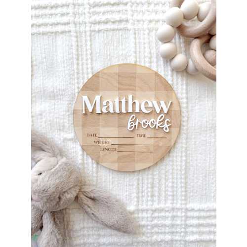 Personalized Birth Stat Sign, Gingham Baby Name Plaque, Engraved Nursery Decor, Newborn Announcement, Baby Hospital Sign, Baby Boy Nursery
