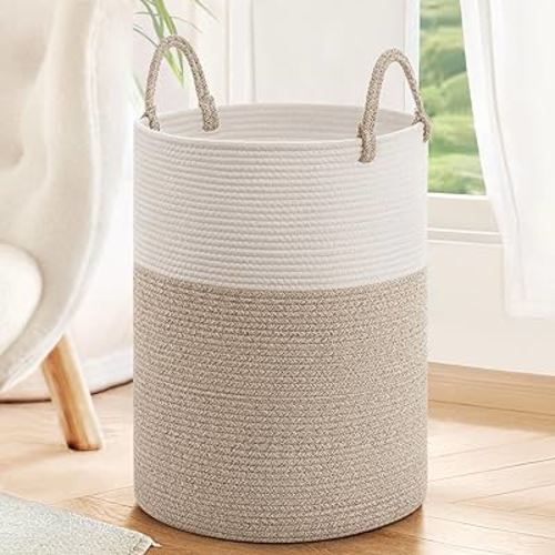 INDRESSME Large Laundry Hamper, Baby Laundry Hamper for Toys, Tall Woven Laundry Basket for Clothes, Blanket Storage Basket for Living Room, 19.7 x 13.8 inches, Light & Brown