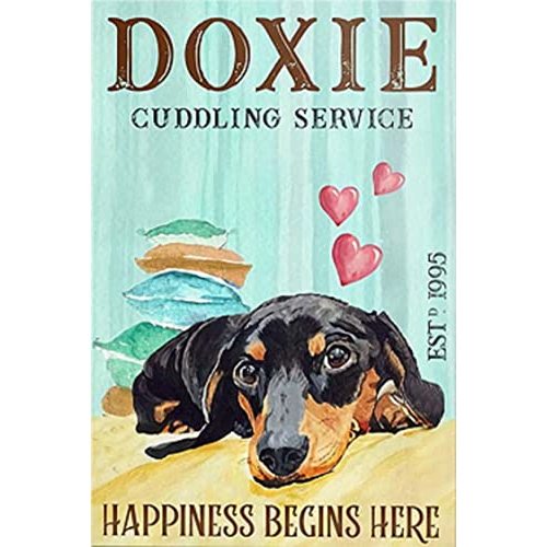 Dachshund Dog Doxie Cuddling Service Happiness Begins Here Metal Signs Funny Metal Tin Sign Vintage Retro Sign For Home Coffee Wall Decor 8x12 Inch
